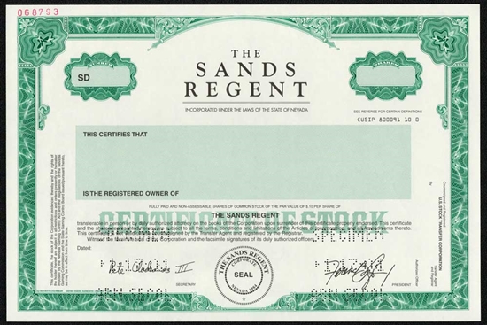 The Sands Regent Specimen Stock Certificate