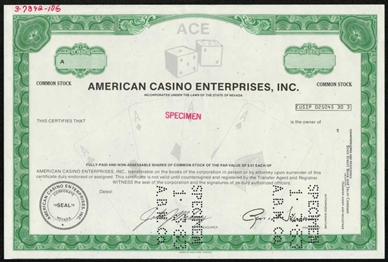 American Casino Enterprises  Specimen Stock Certificate