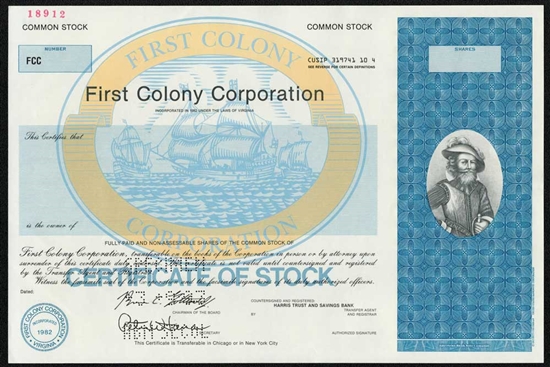 First Colony Corp. Specimen Stock Certificate