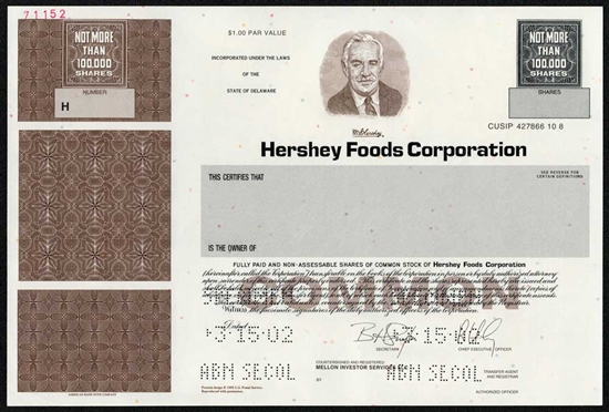 Hershey Food Corp. Specimen Stock Certificate