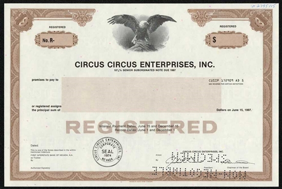 Circus Circus Entertainment, Inc.  Specimen Stock Certificate