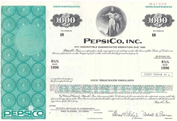 Pepsi Co Inc. Specimen Bond Certificate - 1975