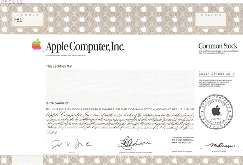 Apple Computer Specimen Stock Certificate