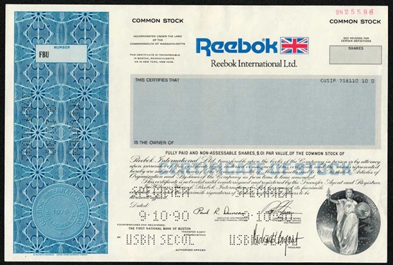 Reebok International, Ltd. Specimen Stock Certificate