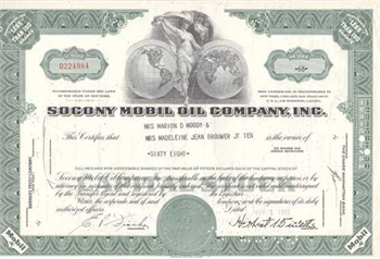 Socony Mobil Oil Companies, Inc. Stock Certificate Green