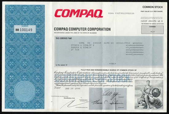 Compaq Computer Corp Stock Certificate