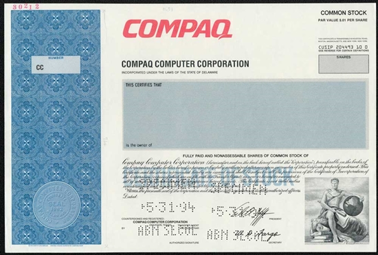 Compaq Computer Corp Specimen Stock Certificate