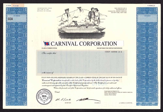 Carnival Corp Production Proof Stock Certificate | 1 of 1