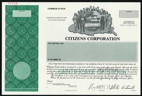 Citizens Corporation Specimen Stock Certificate