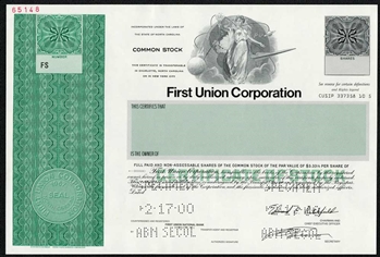 First Union Corp Specimen Stock Certificate
