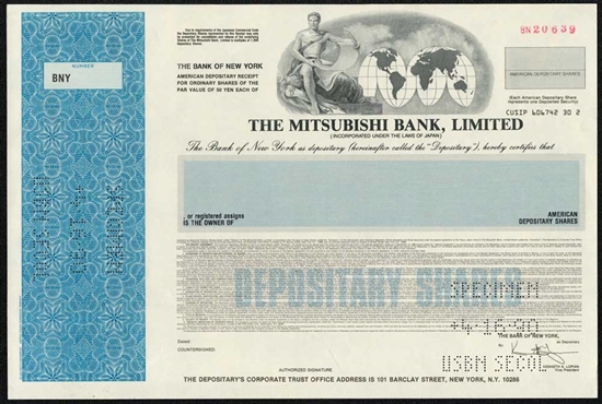 The Mitsubishi Bank, Ltd. Specimen Stock Certificate