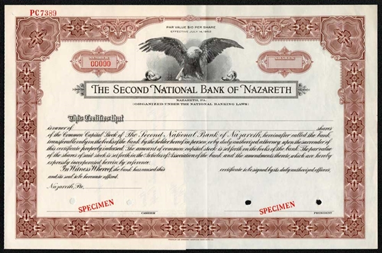 The Second National Bank of Nazareth Specimen Stock Certificate