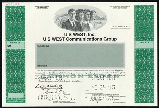 US West, Inc. Specimen Stock Certificate