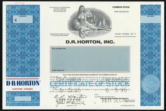 D.R. Horton, Inc. Specimen Stock Certificate