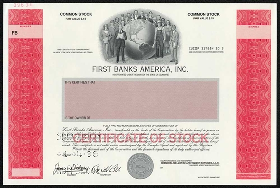 First Banks America, Inc. Specimen Stock Certificate