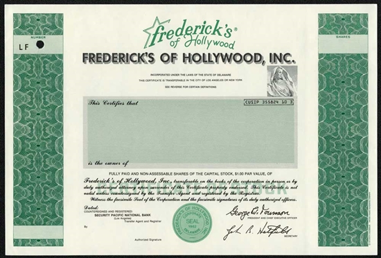 Frederick's of Hollywood, Inc.  Specimen Stock Certificate