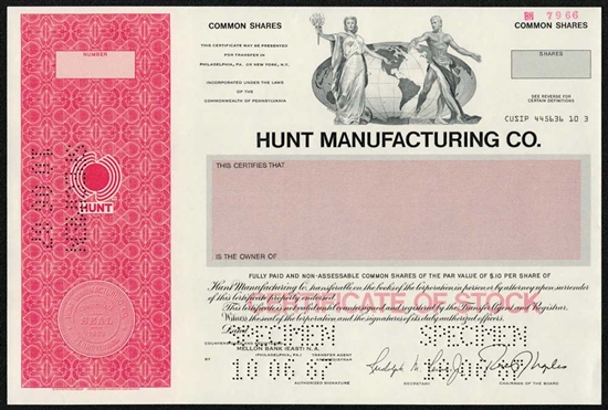 Hunt Manufacturing Co. Specimen Stock Certificate