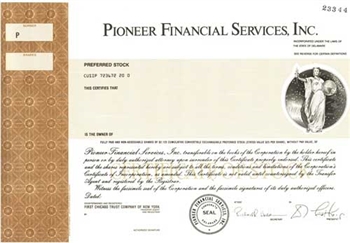 Pioneer Financial Services, Inc. Specimen Stock Certificate