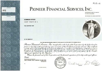 Pioneer Financial Services, Inc. Specimen Stock Certificate