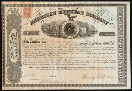 1865 American Express Co Stock Certificate Signed by William Fargo & Henry Wells