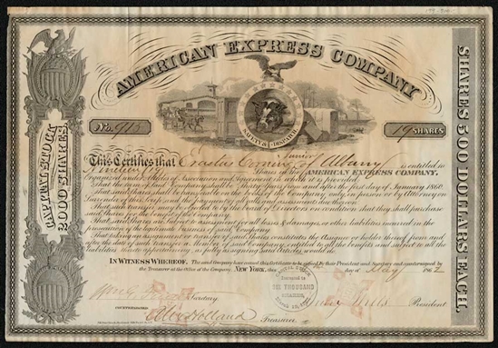 1867 American Express Co Issued to & Signed by Erastus Corning Jr. (NY Central RR Founder), Henry Wells, & William Fargo