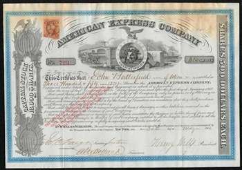 1866 American Express Co Issued to & Signed by John Butterfield, Henry Wells, & J.C. Fargo