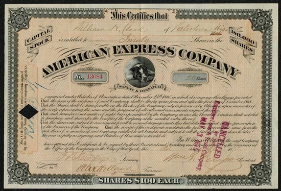 1873 American Express Co Stock Certificate Signed by William Fargo