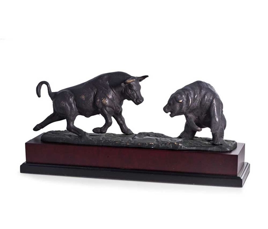 Charging Bull & Bear Sculpture on Burlwood, Bronzed Metal