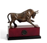 Bull Sculpture, Marbleized Finish Brass Statue on Burlwood