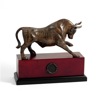 Bull Sculpture, Marbleized Finish Brass Statue on Burlwood