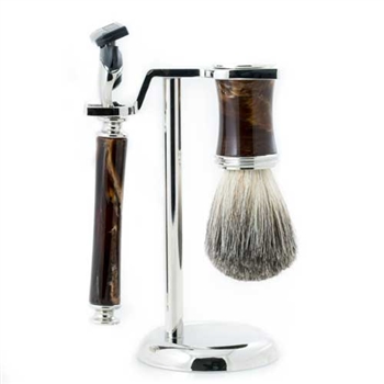 Fusion Razor & Pure Badger Brush with Marbleized Brown Enamel on Chrome Stand