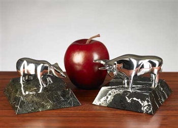 Brass Bull and Bear Paperweight Set on Marble