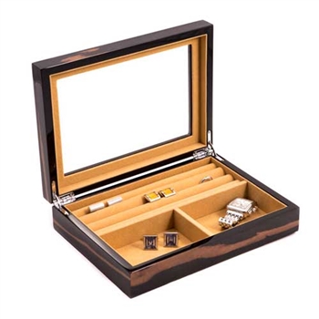 Ebony Lacquered Burl Wood Finish Valet Box