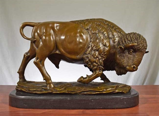 Pure Bronze Buffalo Sculpture on Marble - Large