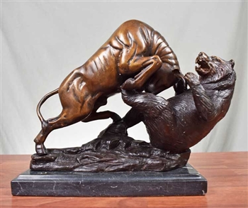 Bronze Bull and Bear Sculpture on Marble - Large