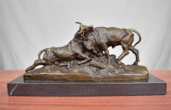 Pure Bronze Dueling Bulls on Marble