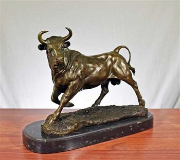 Pure Bronze Standing Bull Statue on Marble