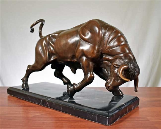 Pure Bronze Charging Bull Statue on Marble
