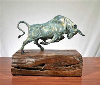 Pure Bronze Bull Sculpture on Natural Wood