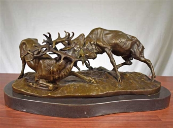 Pure Bronze Sparring Elk Statue on Marble