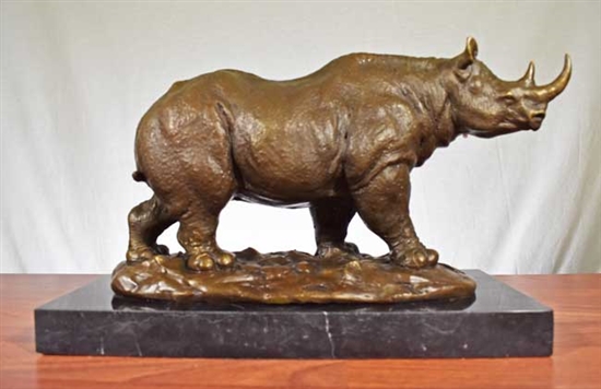 Pure Bronze Rhino Statue on Marble - Large