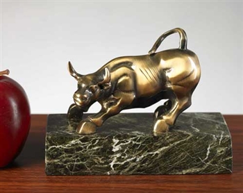 Antique Brass Bull on Green Marble - Free Next Day Engraving