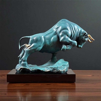 Bronze Charging Bull on Marble Statue - Oxidized Finish