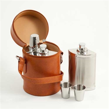 Brown Leather Six Piece Stainless Steel Flask Set