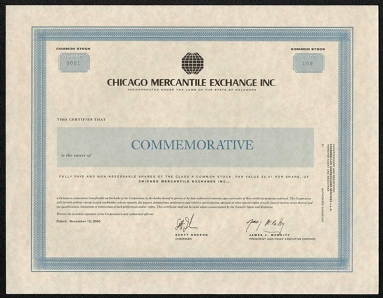 Chicago Mercantile Exchange IPO Commemorative Stock Certificate
