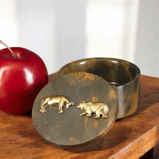 Stock Market Bull and Bear Round Marble Box