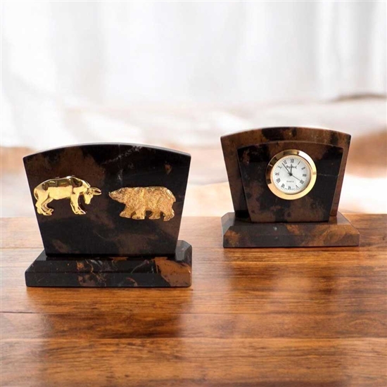 Stock Market Bull and Bear Desk Clock/ Letter Rack
