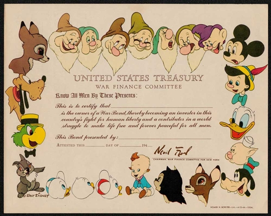 The Walt Disney Company War Bond - 1944 - Signed - UNISSUED