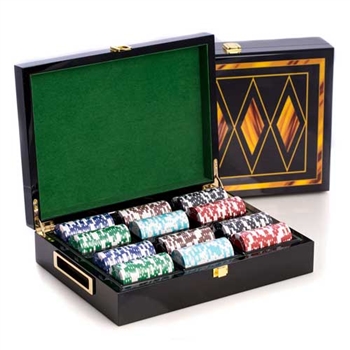Inlaid Lacquer Wood Poker Set with 300 Chips