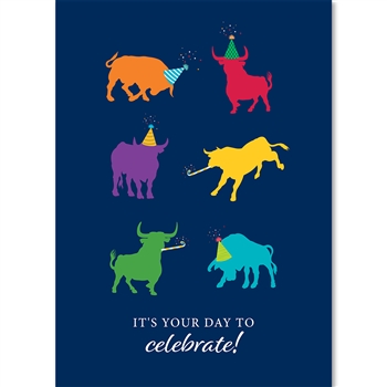 Multicolored Celebrating Bulls Birthday Card - Greeting Card